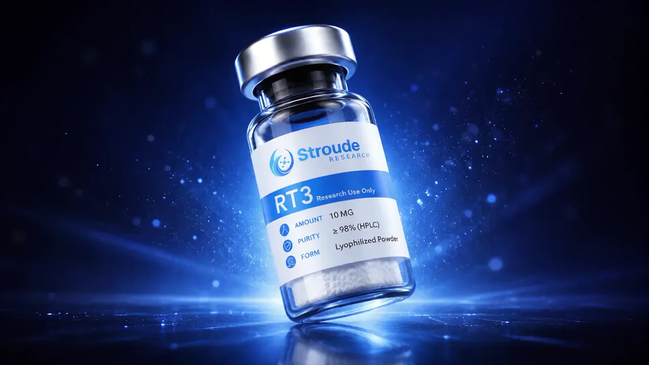 Stroude Research RT3 research vial with blue light and particles